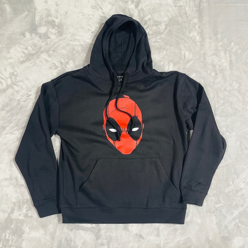 Marvel Deadpool Hoodie Mens M Black Excellent Graphic Mask Pullover Sweatshirt